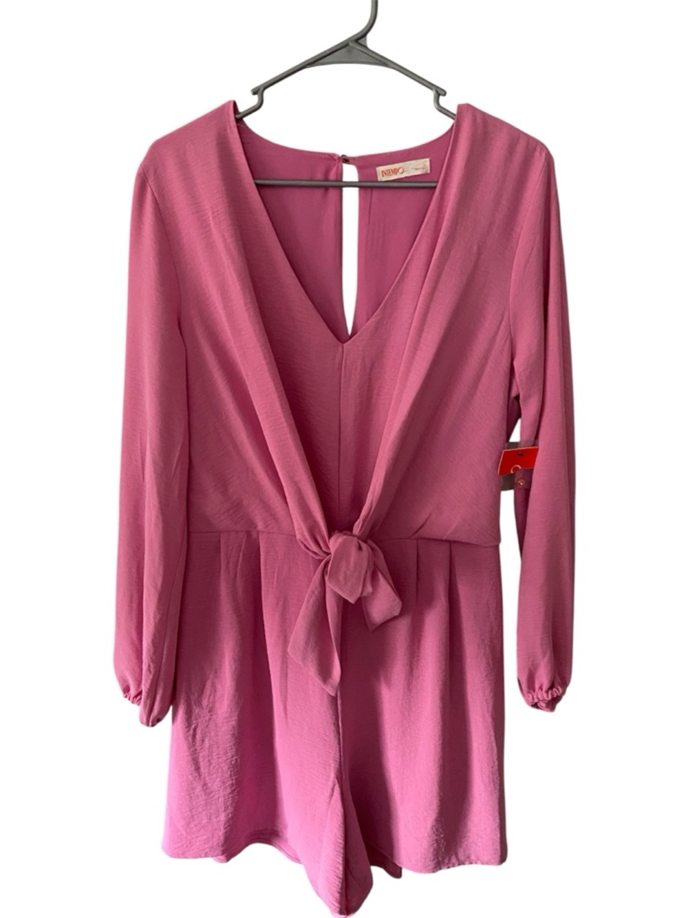 Intempo Pink Tie‑Front Romper – Long Sleeve – Deep V‑Neck – Size Large – NWT
